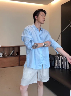 大码300斤慵懒风松弛感宽松衬衫男士夏季天蓝色长袖天丝亚麻衬衣2