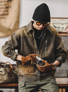 大码高级感美式复古牛仔外套男春秋潮牌痞帅铁锈水洗机能工装夹克