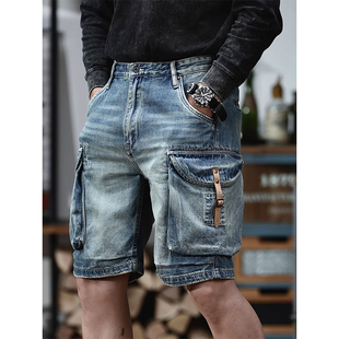复古牛仔短裤 重磅工装 男夏季 阿美咔叽中裤 大码 撞色潮流五分裤 美式