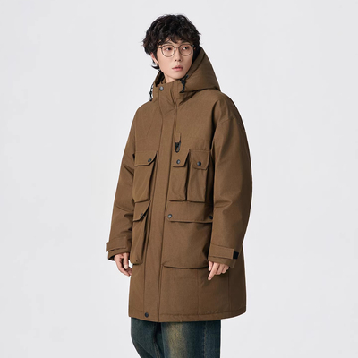 大码冬季加厚中长款户外工装男款美式连帽羽绒服多口袋美式外套潮