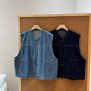 坎肩上衣2 叠穿无袖 特大码 300斤复古做旧牛仔马甲背心外套男女秋季