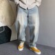 美式 休闲痞帅复古泼墨点漆浅色牛仔裤 男直筒宽松大码 春季 锥形裤 子