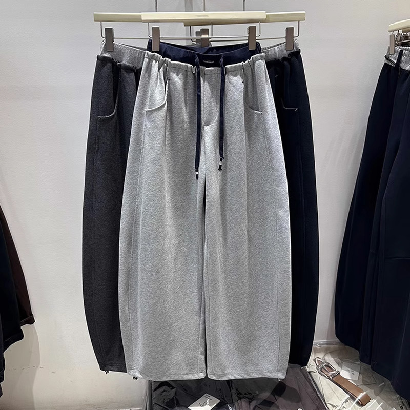 特大码300斤松弛垂感阔腿弯刀裤男女秋季运动宽松休闲脚抽绳卫裤