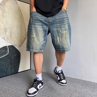 大码夏季美式休闲痞帅复古做旧刮烂牛仔短裤男直筒宽松百搭五分裤