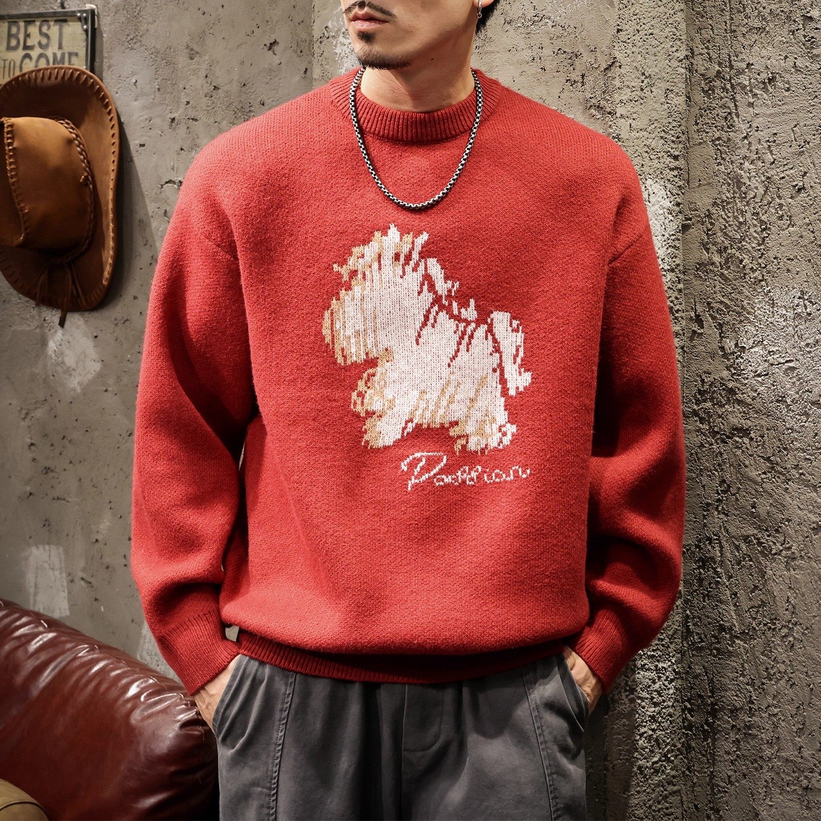 大码本命年红色冬季美式复古圆领提花毛衣男潮牌慵懒风内搭针织衫,男装,针织衫/毛衣,淘宝优惠券,粉丝福利购,淘宝优惠卷
