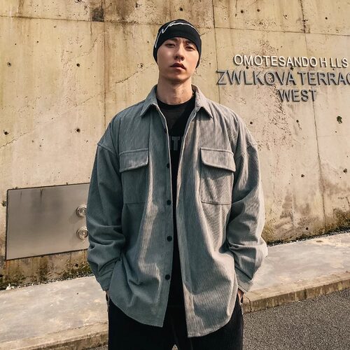 特大码美式复古灯芯绒宽松衬衫男