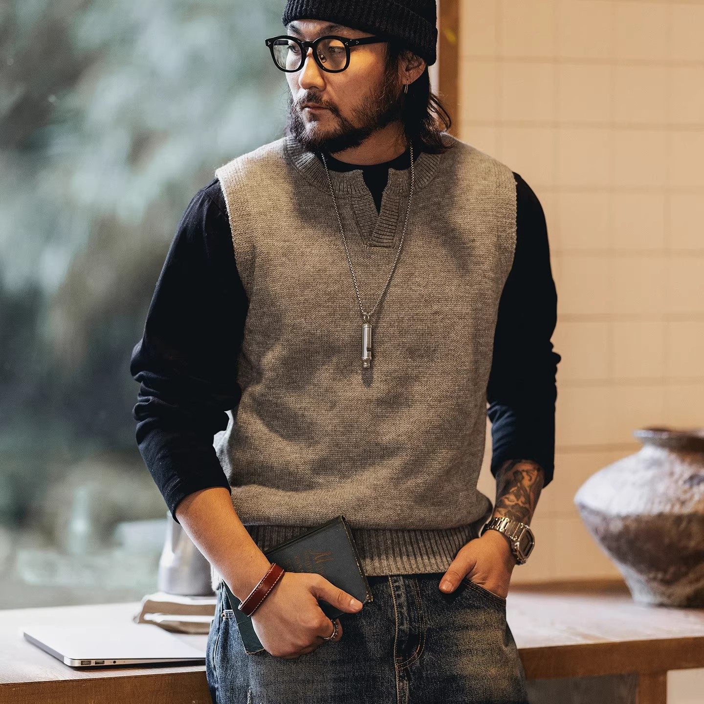 大码日系复古V领毛衣背心男秋冬加厚潮牌宽松保暖无袖针织马甲男,男装,针织衫/毛衣,淘宝优惠券,粉丝福利购,淘宝优惠卷