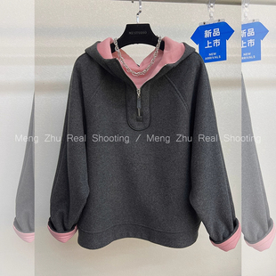 特大码300斤连帽半开拉链拼接呢料卫衣外套男女秋冬加厚宽松上衣