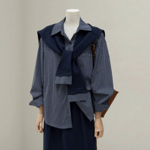 男女春秋款 衬衫 廓形条纹衬衣2 300斤藏青色氛围感披肩搭配时尚 大码
