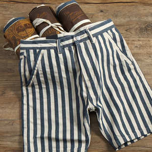 阿美咔叽美式 夏季 复古工装 男宽松海军蓝白帆布条纹五分裤 短裤 大码