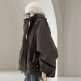 复古中性风宽松工装 美式 夹克潮 300斤灰色连帽外套男女秋季 特大码