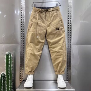 大码300斤秋季休闲工装裤男士潮牌宽松束脚裤直筒小脚哈伦九分裤