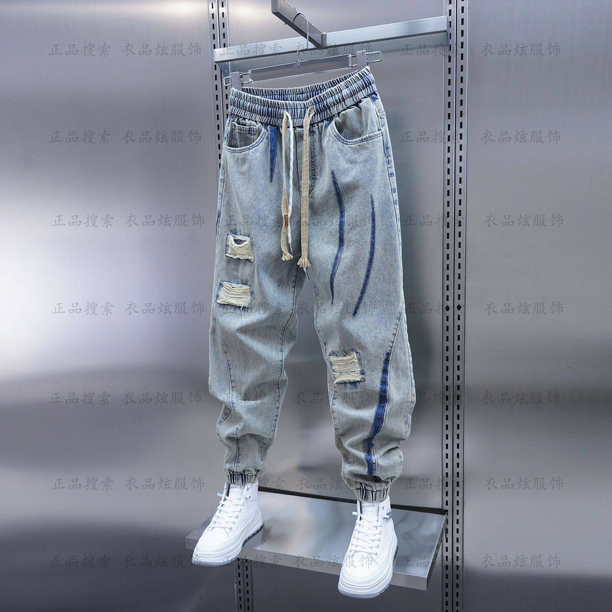 特大码300斤潮流男士假破洞牛仔裤夏季宽松束脚裤潮牌小脚哈伦裤2