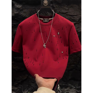 大码300斤轻奢潮牌T恤男时尚百搭设计款短袖上衣个性烫钻圆领半袖