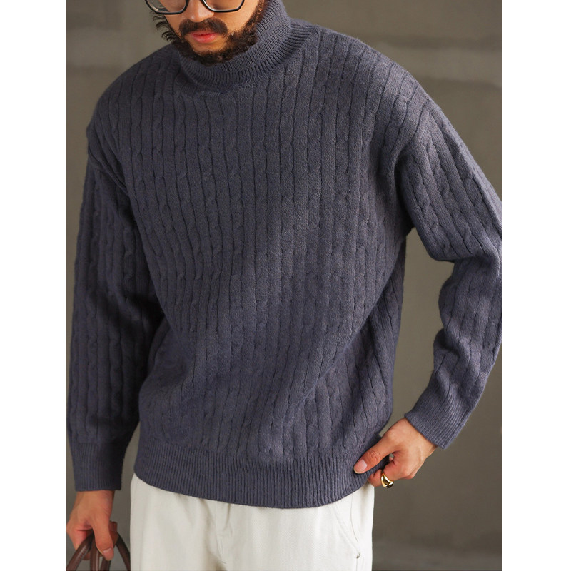 大码美式复古重磅保暖高领麻花毛衣男秋冬慵懒宽松套头内搭针织衫