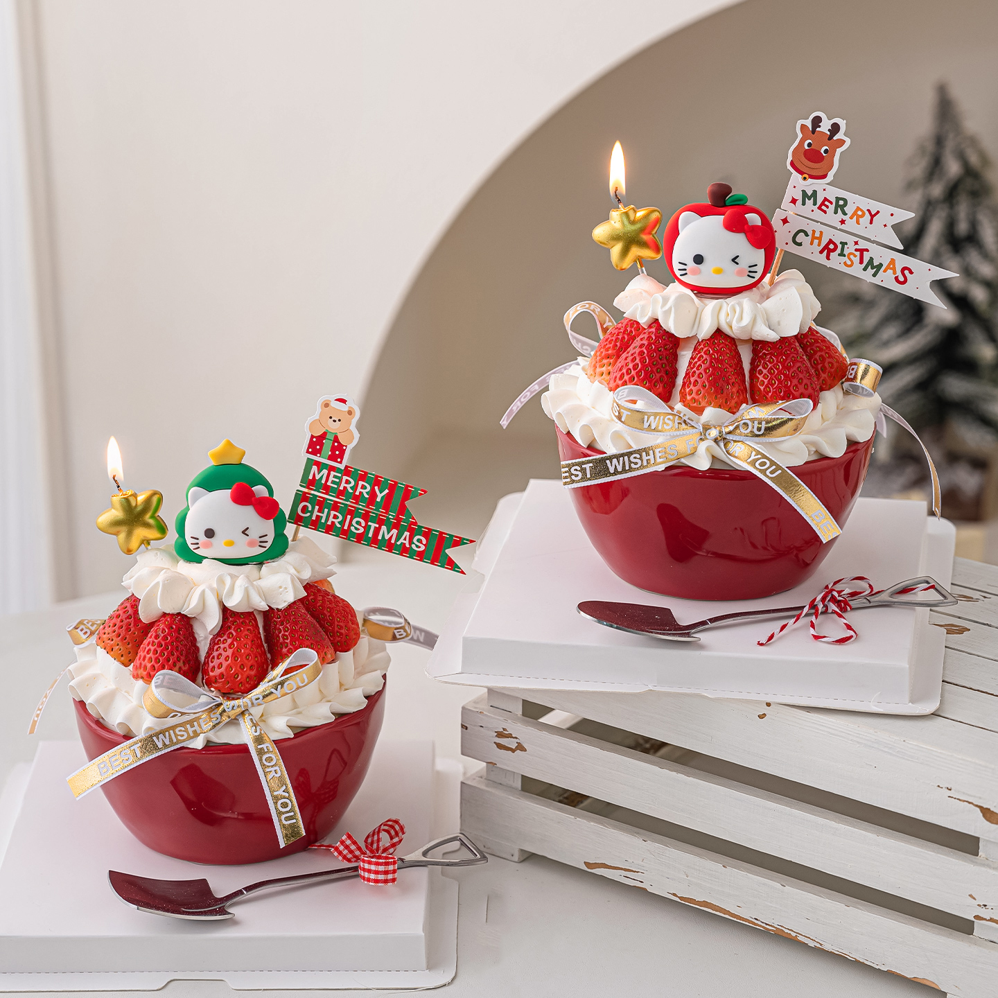 2026圣诞节快乐网红陶瓷碗蛋糕装饰圣诞树平安果小猫节日甜品摆件