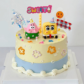 卡通可爱海绵宝宝派大星蛋糕装 饰摆件ins风插牌雨丝生日装 扮插件