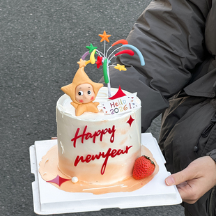 new happy year亚克力礼花插件 饰摆件hello2026 星星人新年蛋糕装