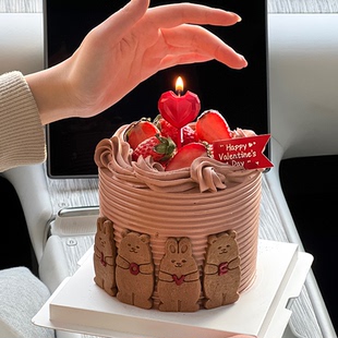 网红熊兔饼干蛋糕装饰摆件2.14情人节快乐情侣表白爱心蜡烛插件