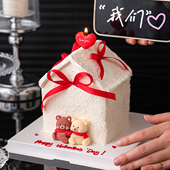 红围巾爱心小熊蛋糕装 饰摆件2.14情人节快乐love you心形蜡烛插件