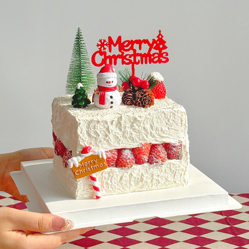 2026圣诞节雪人蛋糕装饰摆件亚克力Merry Christmas雪松路牌插件