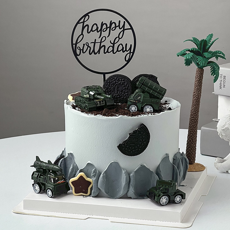 网红军事绿色坦克军人蛋糕装饰品摆件兵哥哥男孩生日烘焙装扮插件