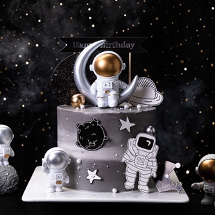饰黑白星球飞船周岁插件 太空宇航员蛋糕摆件儿童银河系宇宙飞碟装