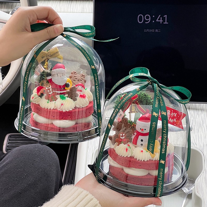 2026圣诞节蛋糕装饰4寸透明半圆蛋糕盒圣诞快乐雪人老人草圈摆件
