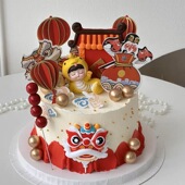 舞狮可爱蛇宝宝蛋糕装 饰摆件中式 糖葫芦福门百天满月甜品台插件