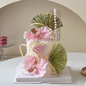 网红新中式 国风扇子蝴蝶兰花束蛋糕装 饰珍珠链子木质屏风烘焙插件