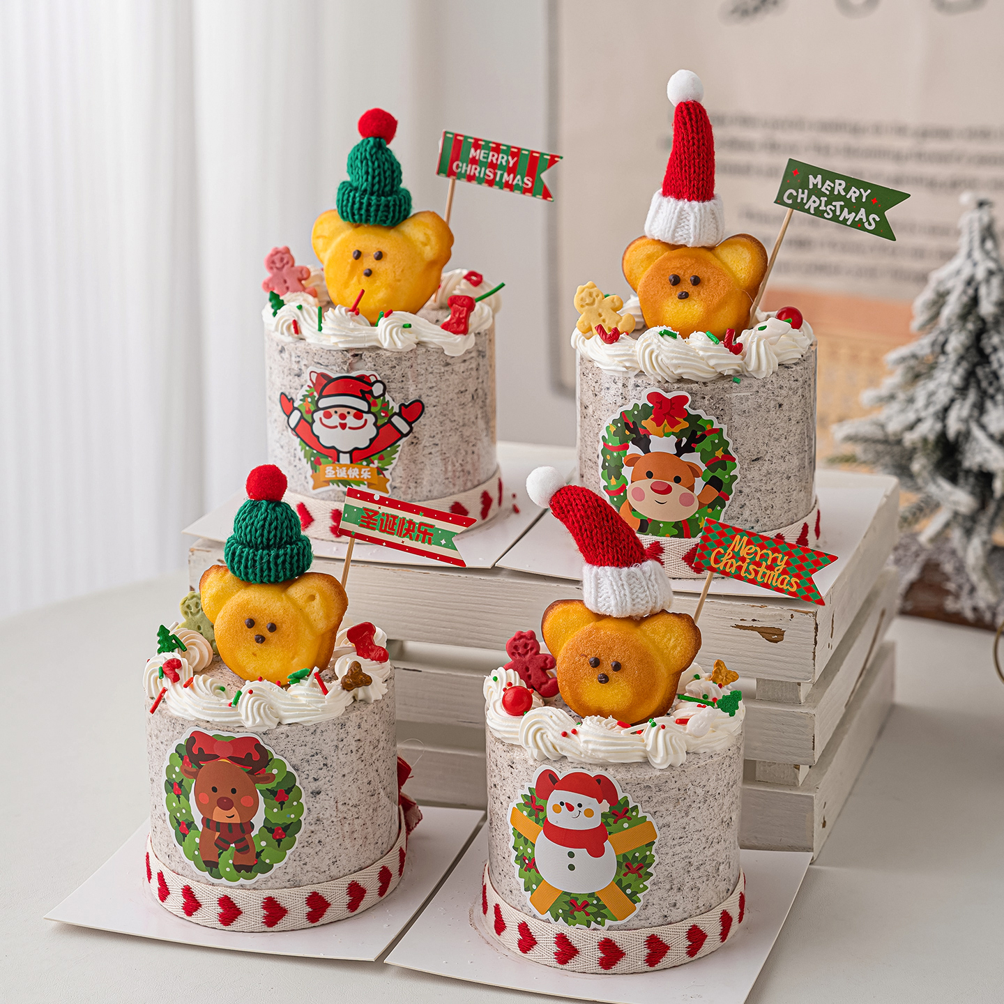 2026圣诞节快乐蛋糕装饰玛德琳小熊头毛线小帽甜品台烘焙装扮插件