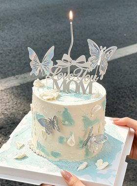 母亲节唯美蛋糕装饰插牌配件MOM蝴蝶结亚克力妈妈节日快乐插件