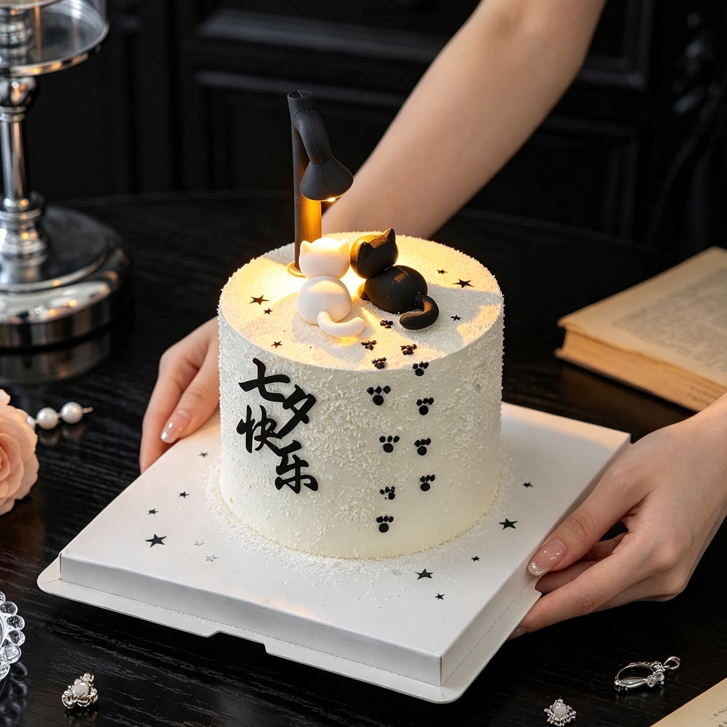 情人节网红蛋糕装饰路灯小猫咪摆件情侣告白七夕快乐亚克力插件