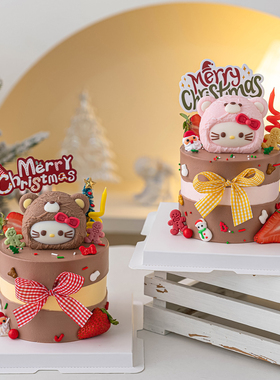 2026圣诞节蛋糕装饰蝴蝶结小猫小熊巧克力摆件MerryChristmas插件