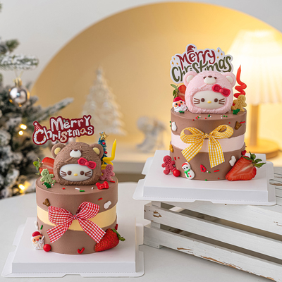 2026圣诞节蛋糕装饰蝴蝶结小猫小熊巧克力摆件MerryChristmas插件