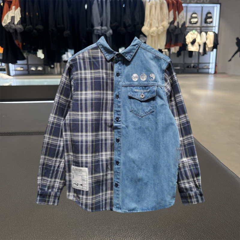 李宁正品外套新款男子时尚潮流牛仔翻领拼色宽松休闲衬衫ASHR087