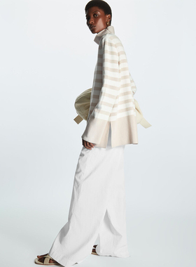 北欧风CS 女款 A字半高领下开衩条纹针织衫 7390