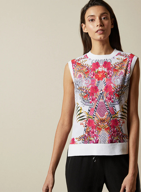 英伦TB 女款 真丝桑蚕丝棉混纺印花拼接圆领无袖上衣 C397