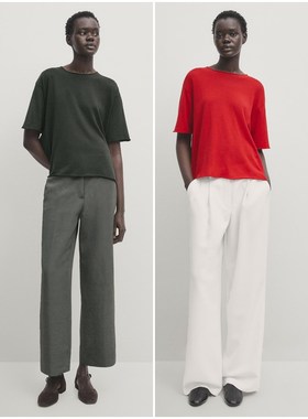 西班牙M系 女款 轻质棉圆领宽松卷边短袖针织上衣  B838