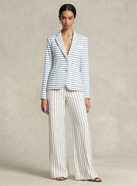 美式老钱风 女款 海洋风条纹银扣平纹西装外套 114A