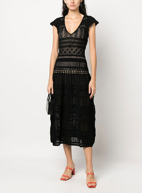 意系轻奢TWIN 女款  V领蕾丝镂空短袖针织连衣裙 C120