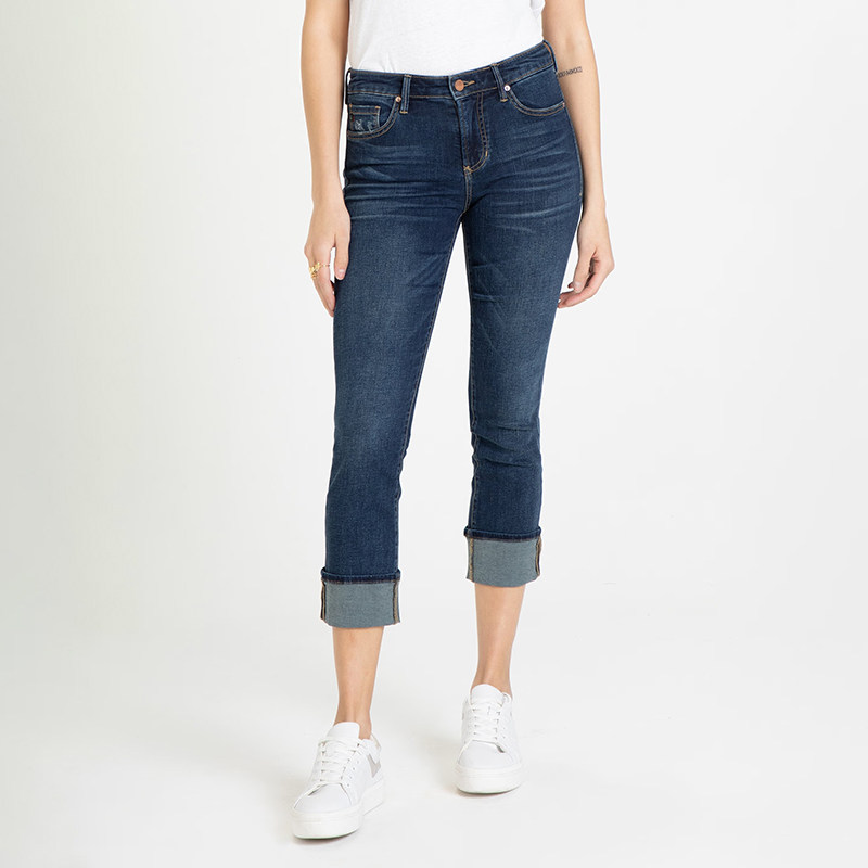 美式丹宁DJ 女款 深蓝洗水中腰修身直筒牛仔裤 D247