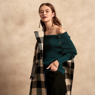 针织衫 一字领大翻单肩扣罗纹长袖 D695 女款 美系蕉国BR