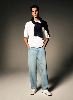 北欧风CS 男款 双面织圆领短袖针织上衣 白色/绿色 8518