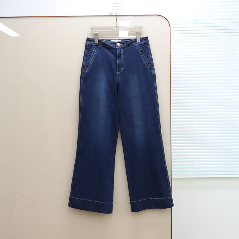 美式丹宁DJ 女款 深蓝洗水高腰阔腿牛仔裤 F599