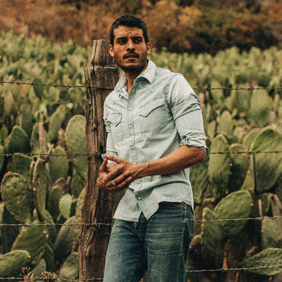 加州美式复古TS 男款 浅蓝洗水赤耳布边西部风玉石扣牛仔衬衫7733