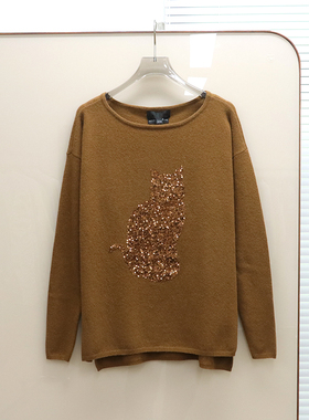 澳洲轻奢FN 美拉德羊毛山羊绒混纺猫咪亮片落肩长袖针织衫 D945