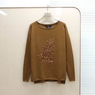 D945 针织衫 澳洲轻奢FN 美拉德羊毛山羊绒混纺猫咪亮片落肩长袖