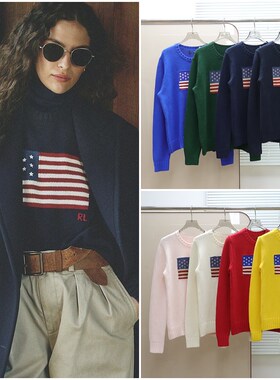 美式老钱风蓝标 女款 星条旗提花圆领长袖针织毛衣 E595