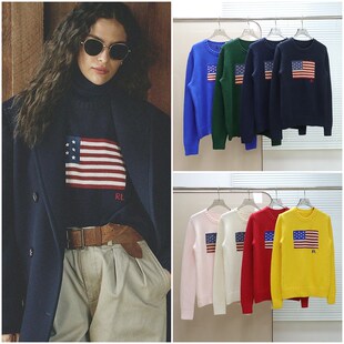 针织毛衣 美式 星条旗提花圆领长袖 女款 E595 老钱风蓝标